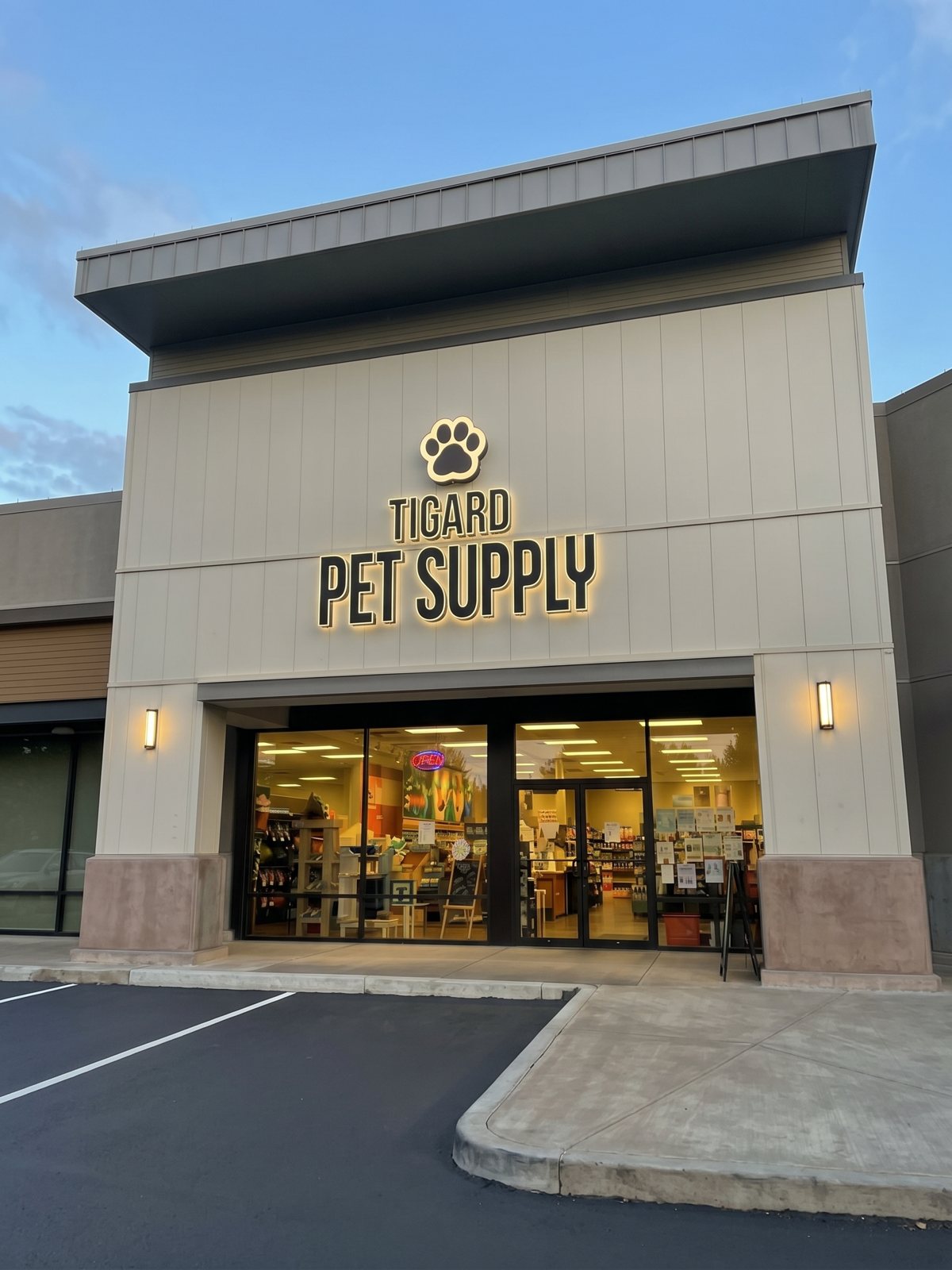 The Tigard Pet Supply storefront: the paw logo and “Tigard Pet Supply” lettering over the front doors